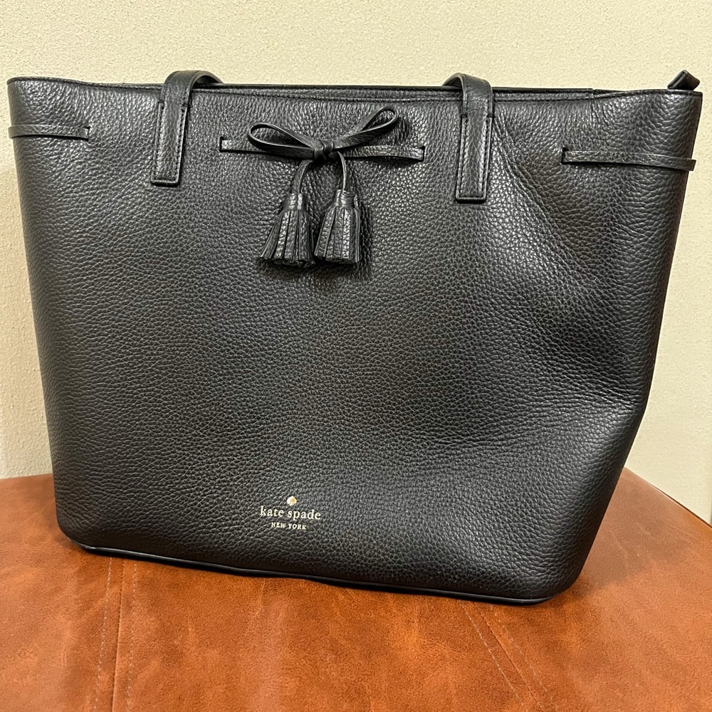 Kate Spade Black Cross Grain Leather Tote with Tassel